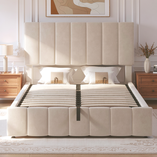 Sunvega Upholstered Platform Bed with Hydraulic Storage System in White Linen