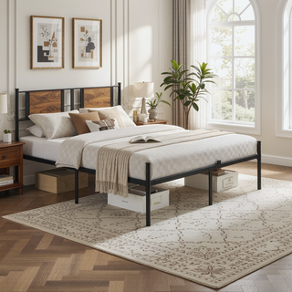 Sunvega Twin Size Metal Bed Frame with Wood Panel Headboard and Under Storage