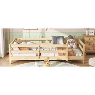 Sunvega Full Size Floor Bed with Fence for Kids Made of Sturdy Pine Wood