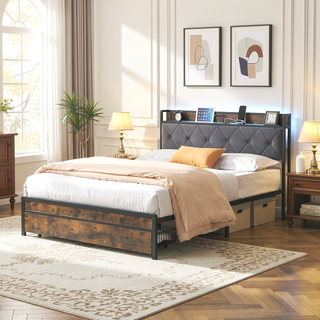 Sunvega King Bed Frame with Storage Headboard LED Lights and USB Charging Station
