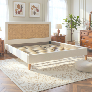 Sunvega Antique White Polyester Upholstered Cane-Back Platform Bed with Birch Frame