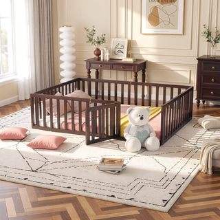 Sunvega Twin Size Wood Floor Bed Frame with Fence and Door in Walnut Finish