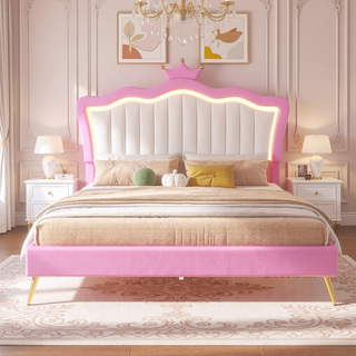 Sunvega Full Size Upholstered Princess Bed with Crown Headboard and LED Lights