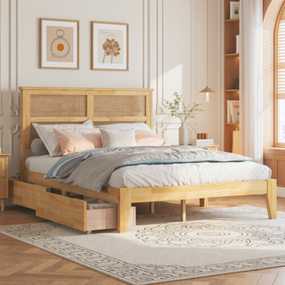 Sunvega Full Size Bed with Rattan Headboard Two Storage Drawers and Enhanced Support Slats