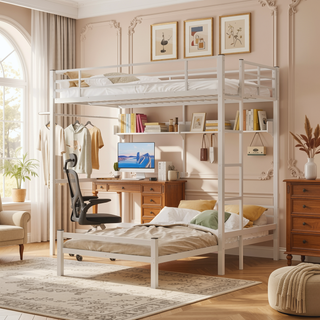 Sunvega Twin Over Twin Metal Bunk Bed with L-Shaped Desk Station and Storage Shelves