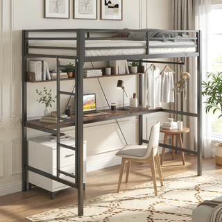 Sunvega Sturdy Twin Loft Bed with Desk and Closet Rod for Bedroom Space Saving
