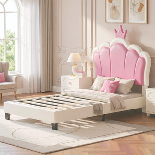 Sunvega Cream Pink Full Size Princess Bed with Crown Headboard and Footboard