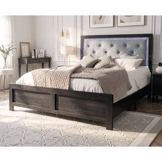 Sunvega Modern Beige Faux Leather Queen Panel Bed with Headboard Lighting