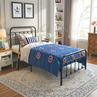 Sunvega Victorian Style Queen Size Metal Platform Bed Frame with Headboard and Under Bed Storage