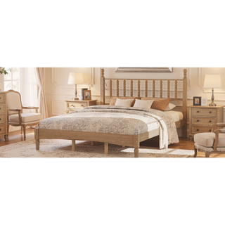 Sunvega Retro Style Queen Size Wood Platform Bed with Gourd Shaped Headboard and Slat Support