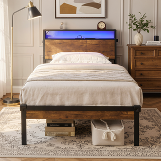 Sunvega Modern Twin Size Metal Platform Bed Frame with Wooden Headboard and USB LINER