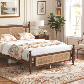 Sunvega Queen Pine Wooden Bed with Rattan Headboard and Footboard for Bedroom