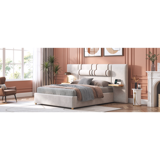 Sunvega Queen Size Upholstered Velvet Platform Bed with USB Charging Ports and Storage Shelves