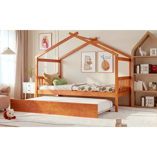 Sunvega Twin Size Wooden House Bed with Trundle and Headboard for Kids Room