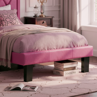 Sunvega Pink Faux Leather Upholstered Full Size Bed with Tufted Headboard