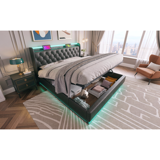Sunvega Full Size Upholstered Bed with 360 LED Lighting Hydraulic Storage and USB Charging