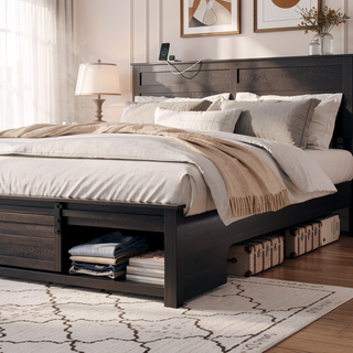 Sunvega Queen Bed Frame with Upholstered Headboard and LED Lighting Charging Station
