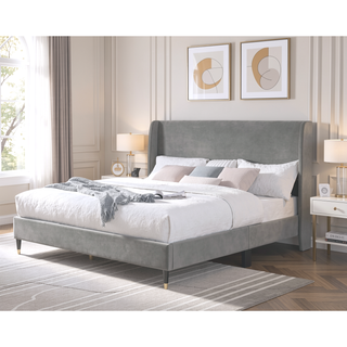Sunvega King Beige Velvet Wingback Platform Bed with Low Profile Design