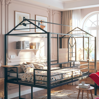 Sunvega Twin Over Twin Metal Bunk Bed With Slide And Playhouse Design In Three Colors