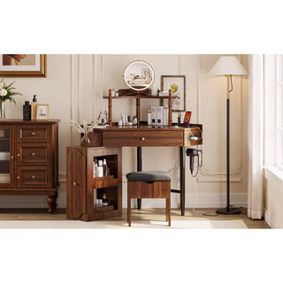 Sunvega Corner Vanity Desk Set with Storage Stool Charging Station and Glass Tabletop