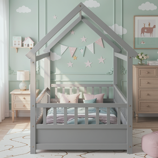 Sunvega Twin Size Floor Wooden Bed with House Roof Frame and Fence Guardrails