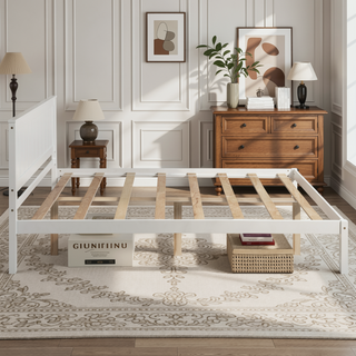 Sunvega Sturdy Wood Platform Bed Frame with Headboard for Queen Size Oak Finish