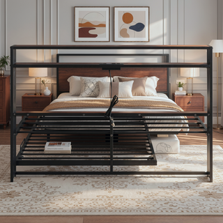 Sunvega Modern Metal Platform Bed Frame with Trundle USB Ports and Shelf