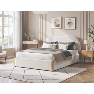 Sunvega Ivory Linen Upholstered Curved Headboard Solid Wood Frame Bed