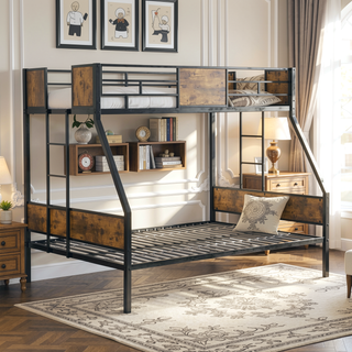 Sunvega Industrial Black Metal Bunk Bed With Wood Panels And Attached Ladder