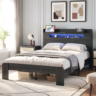 Sunvega King Size Wood Platform Bed Frame with Storage Headboard and 2 USB Ports