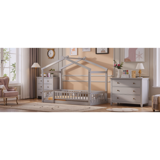 Sunvega Full Size House Bed Frame with Playhouse Fence and Roof for Kids
