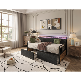 Sunvega Twin Daybed with Trundle Farmhouse Frame Sliding Barn Door Headboard Charging Station