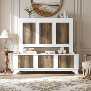 Sunvega White Farmhouse Queen Platform Bed with Wooden Strip Decoration and Plywood Slats