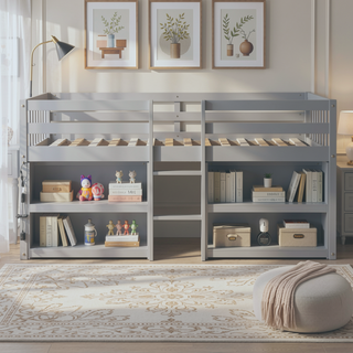 Sunvega Low Loft Bed With Two-Tier Shelves LED Light And Guardrail For Kids