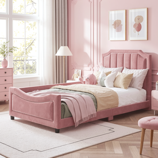 Sunvega Twin Size Upholstered Daybed with Stripe Headboard for Kids Bedroom
