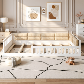 Sunvega Beige Full Size Upholstered Wood Platform Bed with Guardrail and Pillow