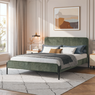 Sunvega Queen Upholstered Bed with Channeled Headboard and Sturdy Metal Frame
