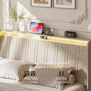 Sunvega Full Size Upholstered Platform Bed Frame with Headboard and USB Charging