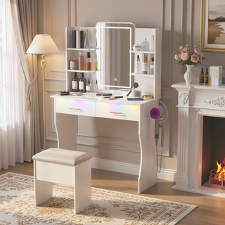 Sunvega Vanity Desk with LED Lights Mirror Power Outlet and Storage Drawers
