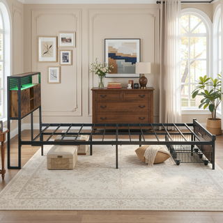 Sunvega Full Size Metal Platform Bed Frame with Wooden Headboard and Footboard