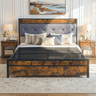 Sunvega King Bed Frame with Storage Headboard LED Lights and USB Charging Station