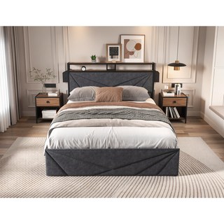 Sunvega Queen Upholstered Bed Frame with Headboard LED Lights Charging Station and 4 Storage Drawers