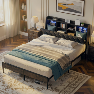 Sunvega Queen Bed Frame with Ergonomic Headboard RGB LED Lights and Charging Station
