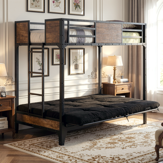 Sunvega Industrial Twin Over Futon Bunk Bed With Metal Frame and Wood Panels