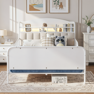 Sunvega Kids Full Metal Bed with Upholstered Headboard LED Lights and Storage
