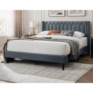 Sunvega Modern Charcoal Burlap Upholstered Queen Size Headboard with Diamond Design