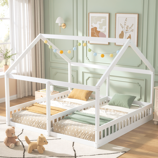 Sunvega Twin Size House Shaped Platform Beds with Safety Guardrails and Roof