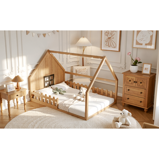 Sunvega Full Size Wood House Bed with Fence Window and LED Lights