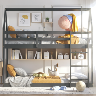 Sunvega Rubber Wood Twin over Twin Bunk Bed with Ladder and Guardrails