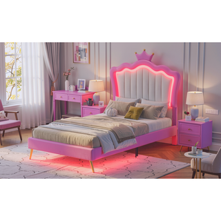 Sunvega Twin Size Princess Bed Frame with Crown Headboard and LED Lights